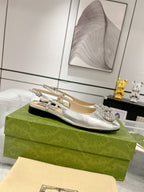 GG CRYSTALS SLINGBACK BALLET SILVER CALFSKIN