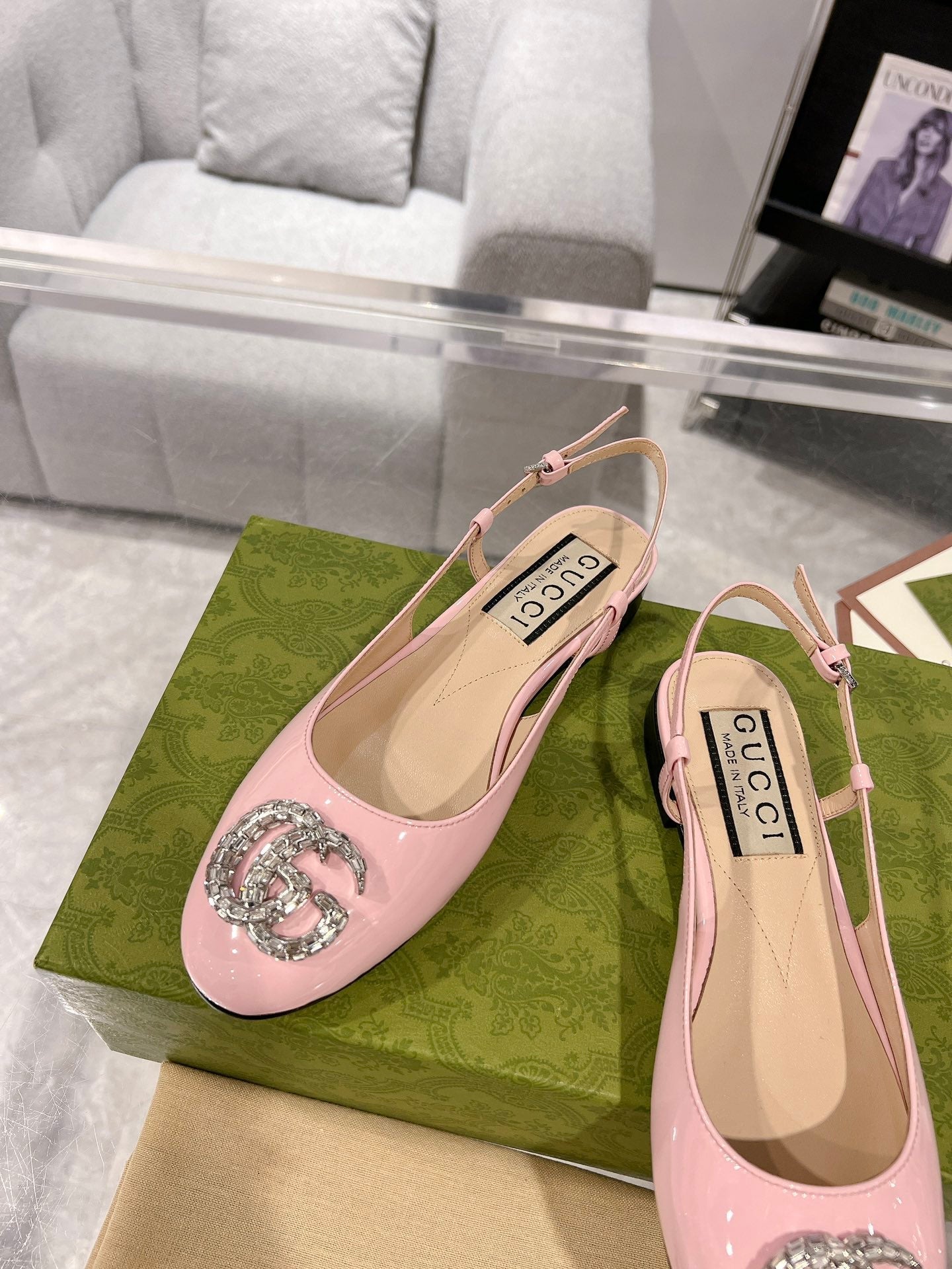 GG CRYSTALS SLINGBACK BALLET LIGHT PINK CALFSKIN