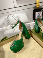 HIGH SANDAL SQUARE HEEL 12 CM IN DARK GREEN CALFSKIN