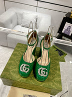 HIGH SANDAL SQUARE HEEL 12 CM IN DARK GREEN CALFSKIN