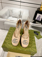 HIGH SANDAL SQUARE HEEL 12 CM IN TAN BEIGA CALFSKIN
