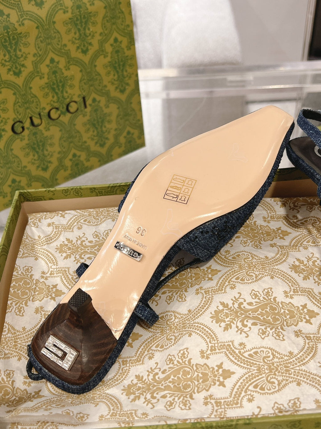 GG CRYSTALS SLINGBACK PUMP DENIM FABRIC