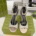 GG CRYSTAL CREAM HIGH HEEL SANDALS SATIN