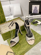 GG CRYSTAL CREAM HIGH HEEL SANDALS SATIN