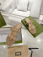 GC Horsebit Thong Sandals Beige Canvas Leather 292475