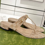 GC Horsebit Thong Sandals Beige Canvas Leather 292475