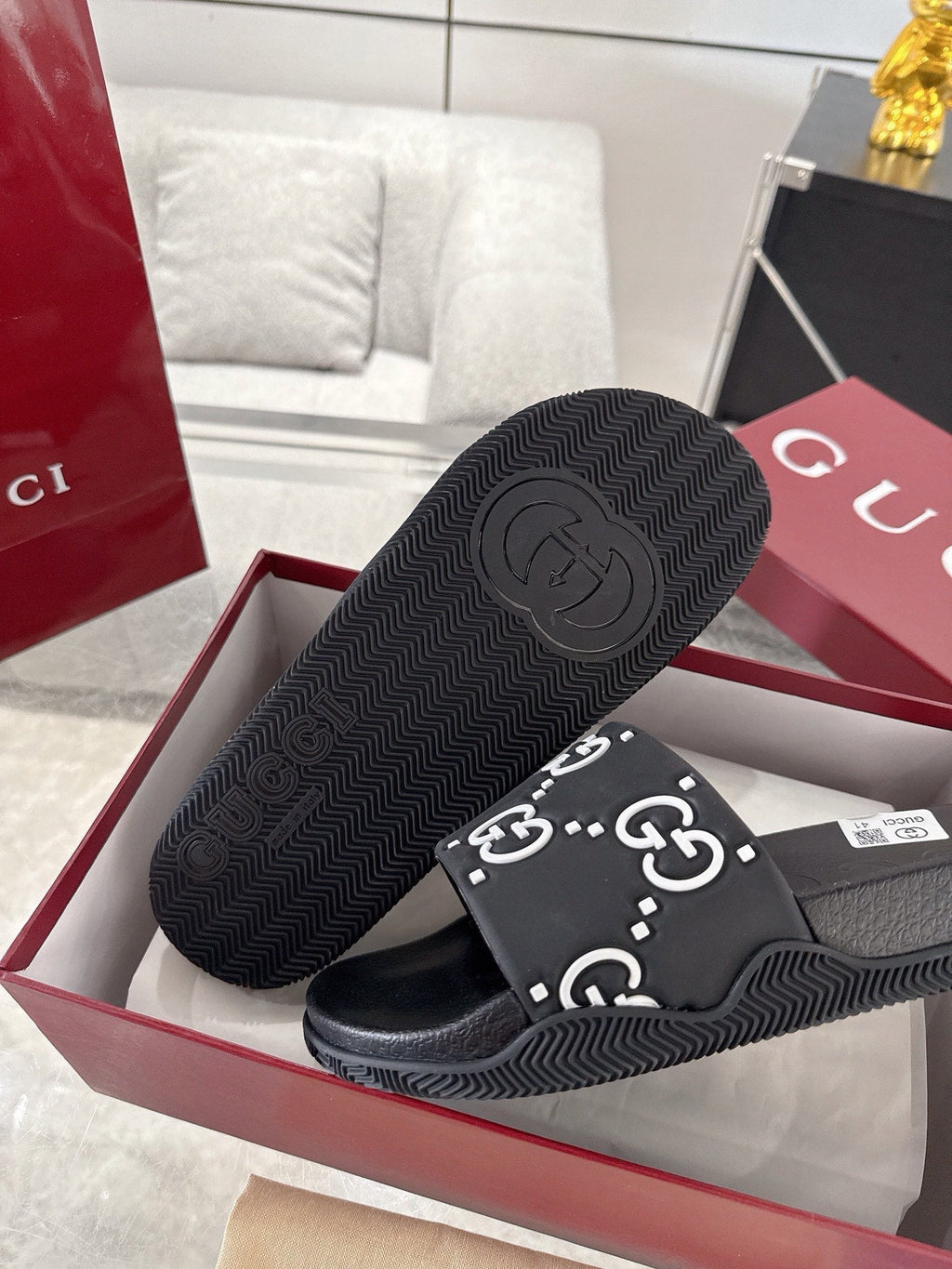 GC GG Slide Sandal Black White Rubber 292417