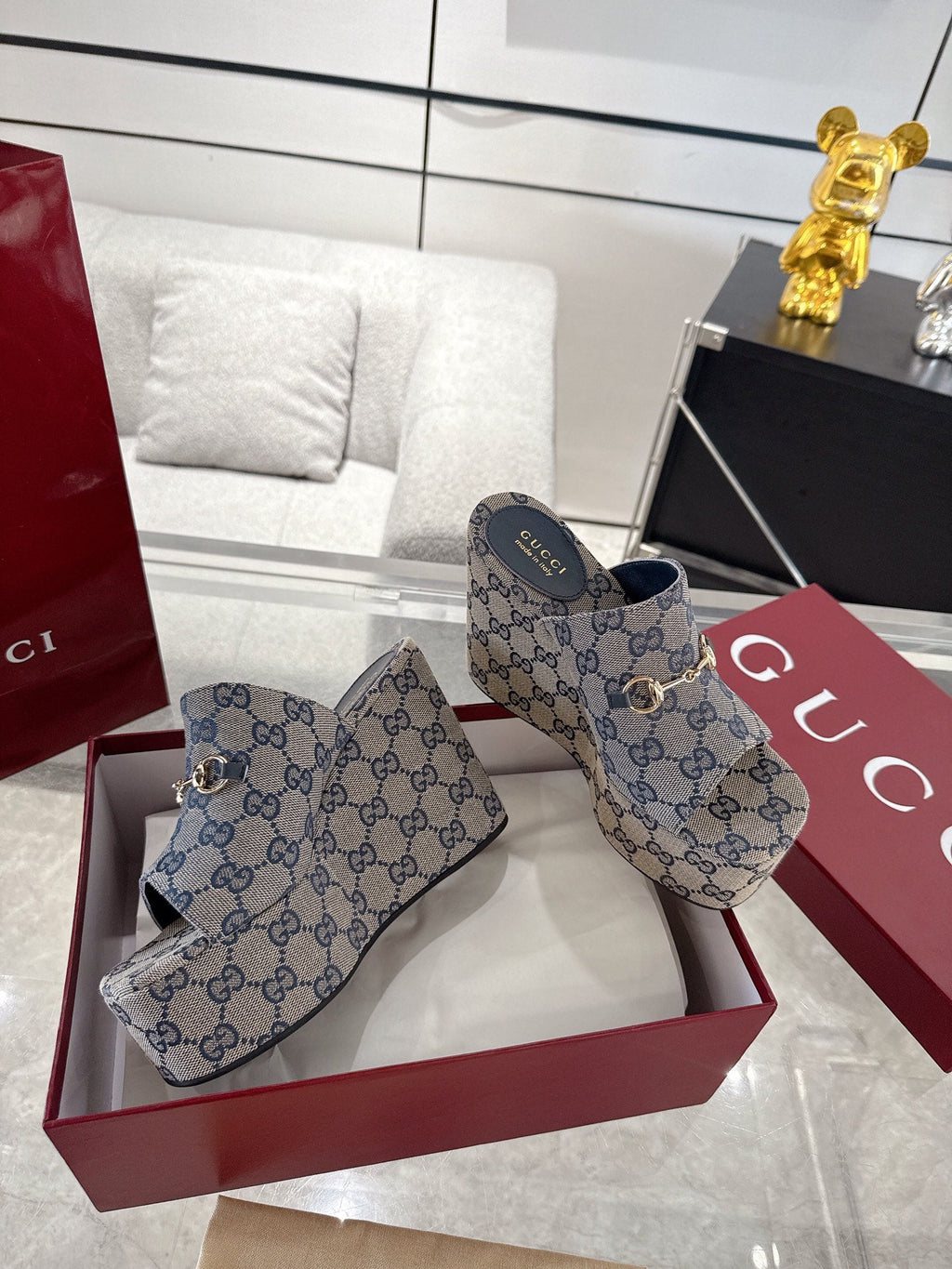 GC Wedge With Horsebit Sandal Gray Blue Canvas 292420