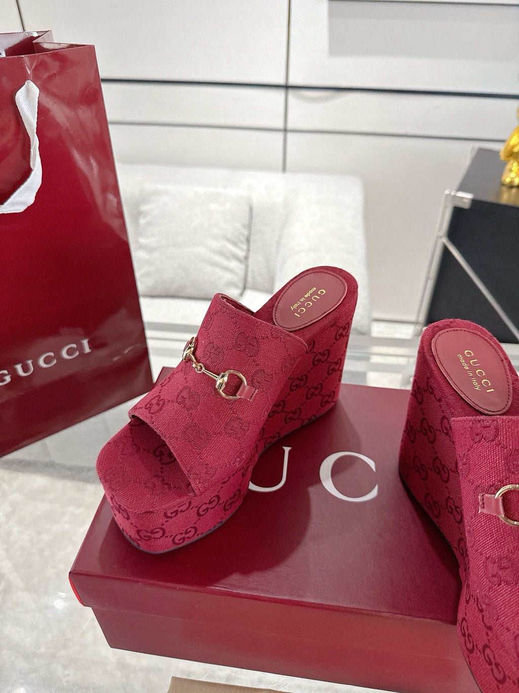 GC Wedge With Horsebit Sandal Red Canvas 292422