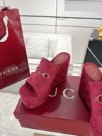 GC Wedge With Horsebit Sandal Red Canvas 292422