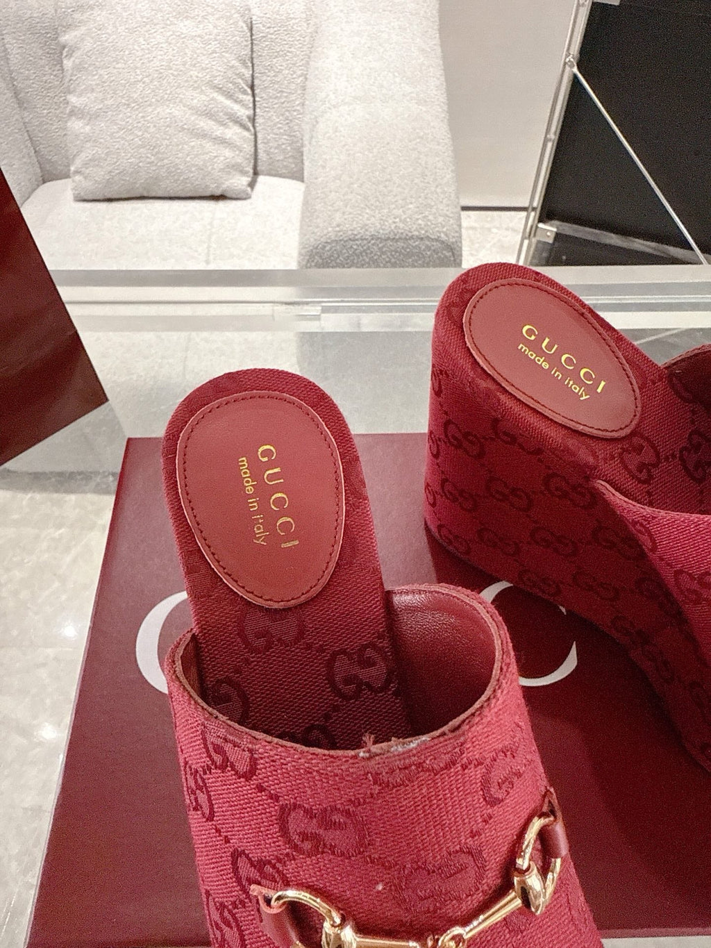 GC Wedge With Horsebit Sandal Red Canvas 292422