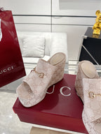 GC Wedge With Horsebit Sandal Beige Canvas 292423
