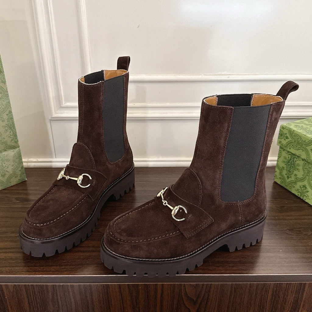 Gucci Horsebit Ankle Boots Dark Brown Black Suede Sheepskin 490527