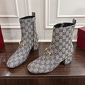 Gucci Horsebit Chunky Heel Ankle Boots Blue Ebony Cowhide Fabric 490558