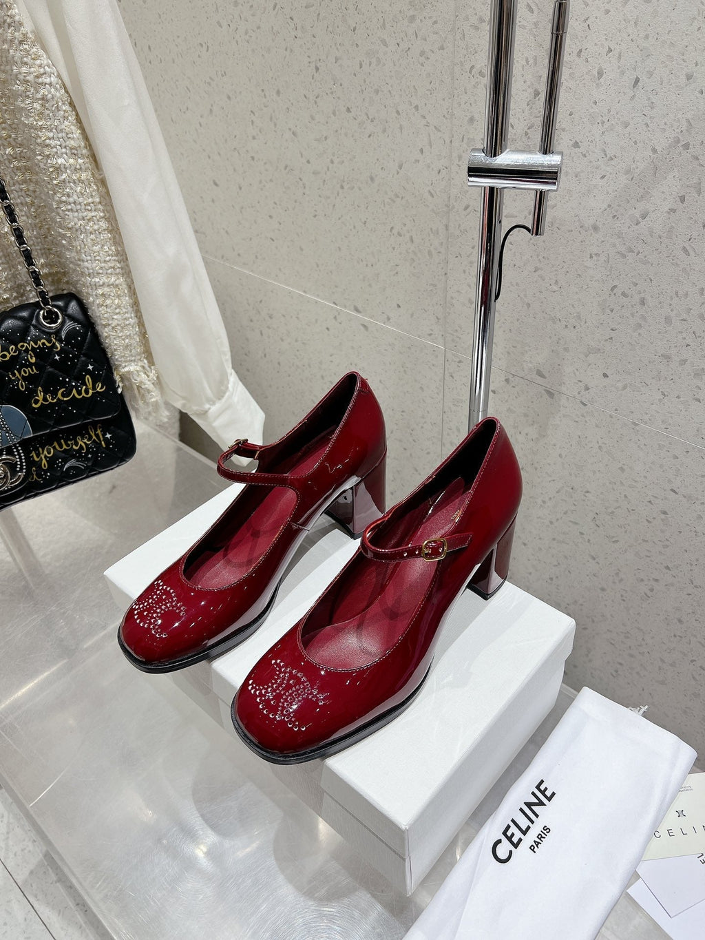 HIGH MARY JANE SHOES IN GARNET RED PATENT CALFSKIN
