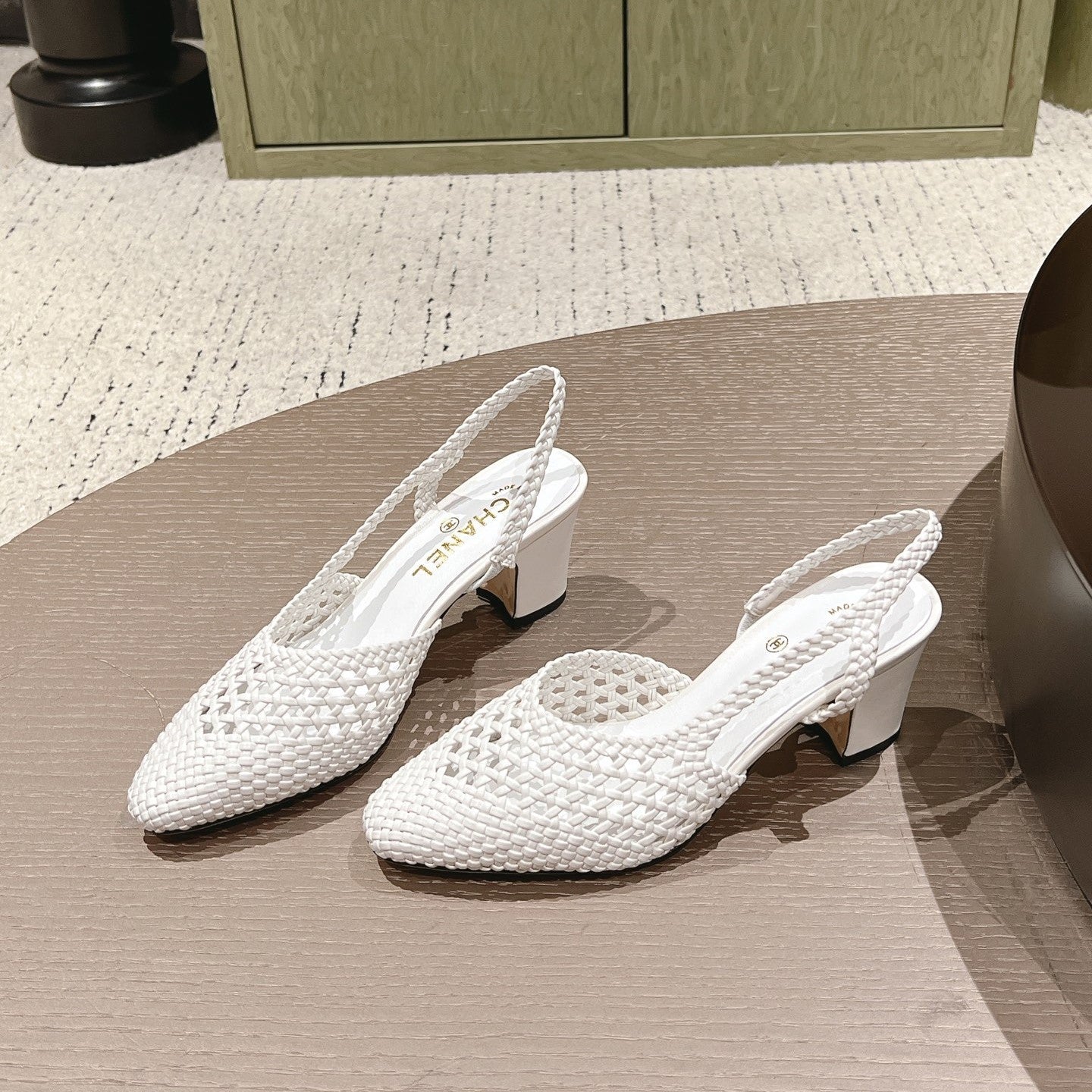 CC 26s Slingback Block Heel White Woven Sheepskin 762817