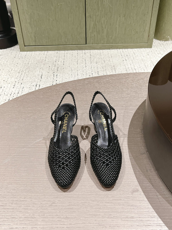 CC 26s Slingback Block Heel Black Woven Sheepskin 762818