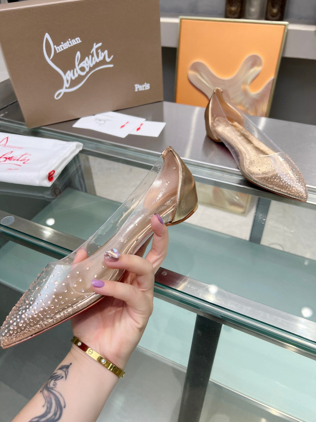 CL Degrastrass Flats Silver PVC and Strass Light Peach