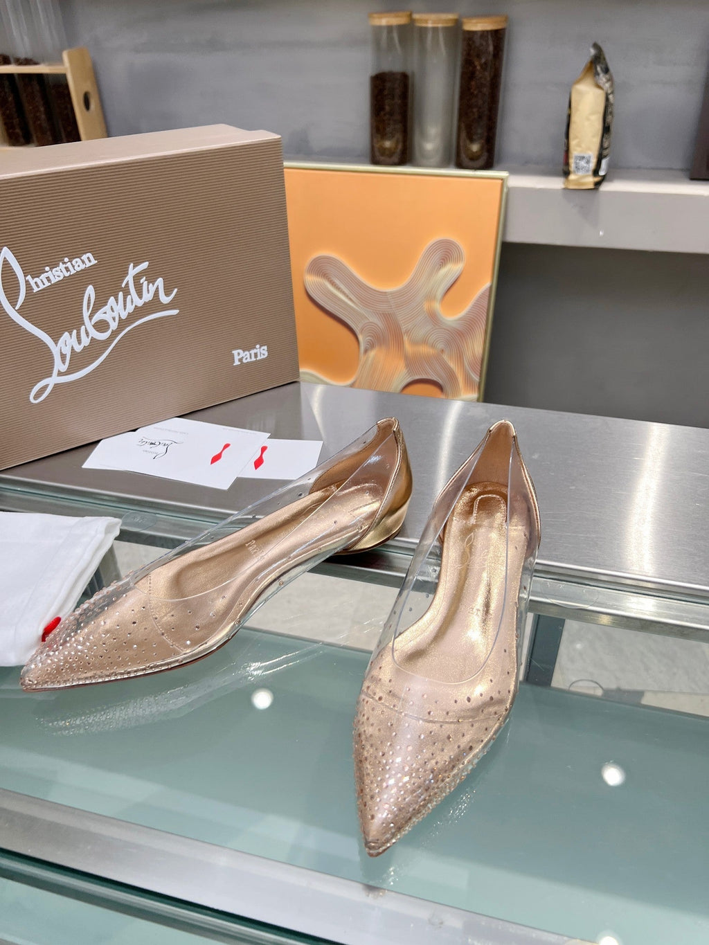 CL Degrastrass Flats Silver PVC and Strass Light Peach