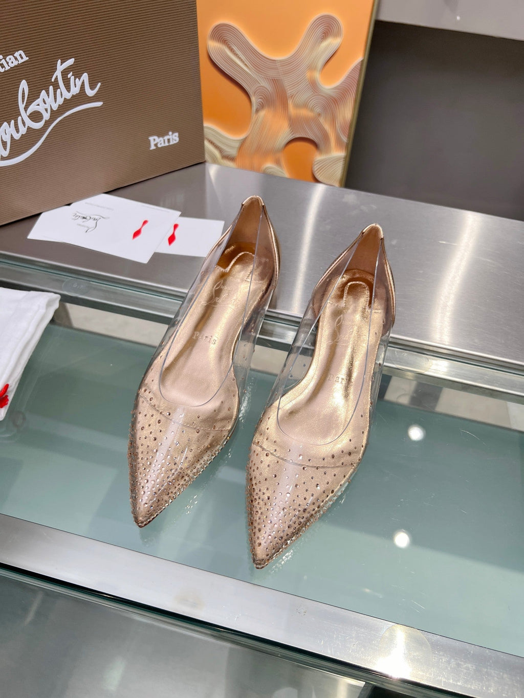 CL Degrastrass Flats Silver PVC and Strass Light Peach
