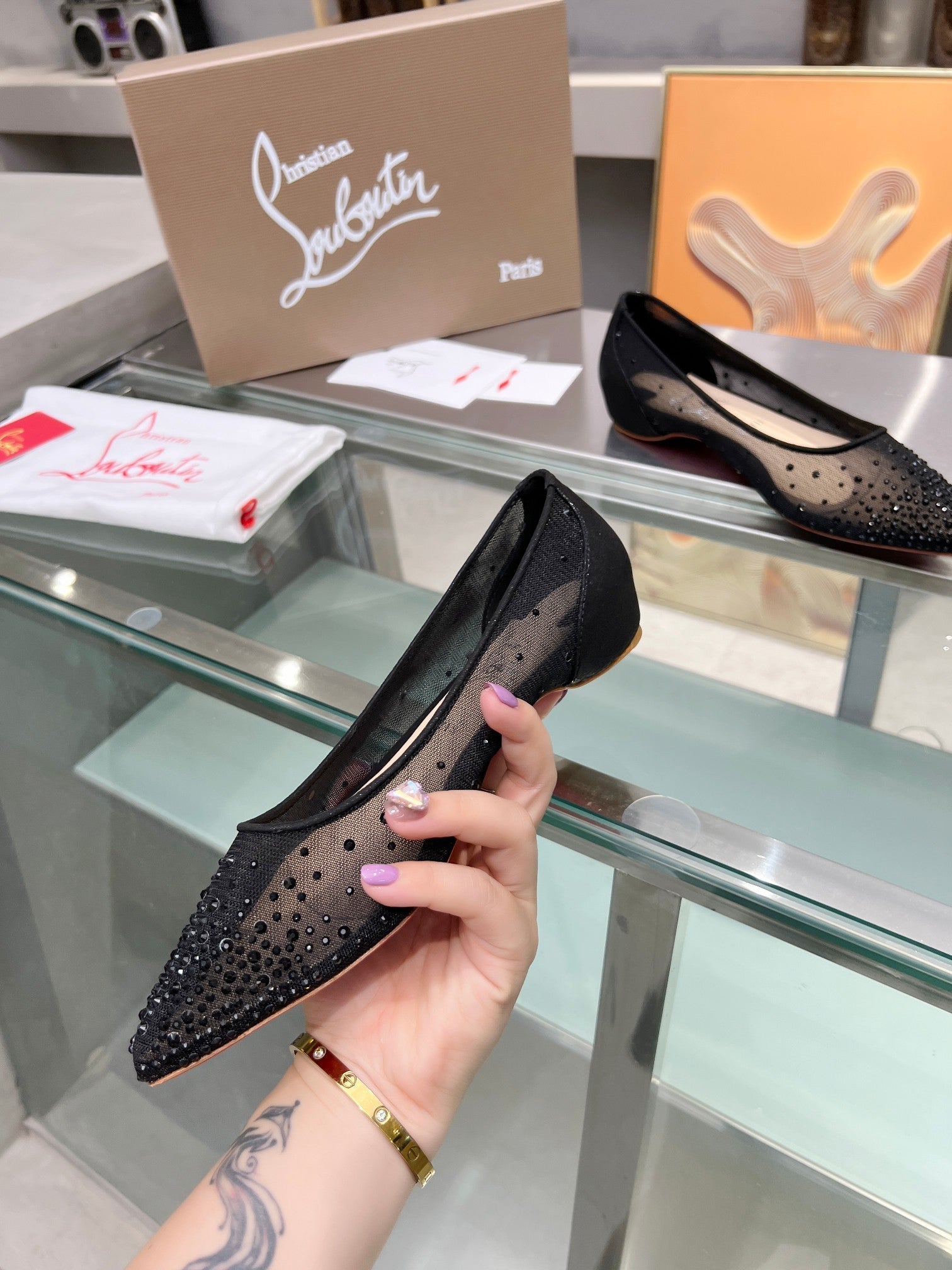 CL Follies Strass Flats Mesh Black
