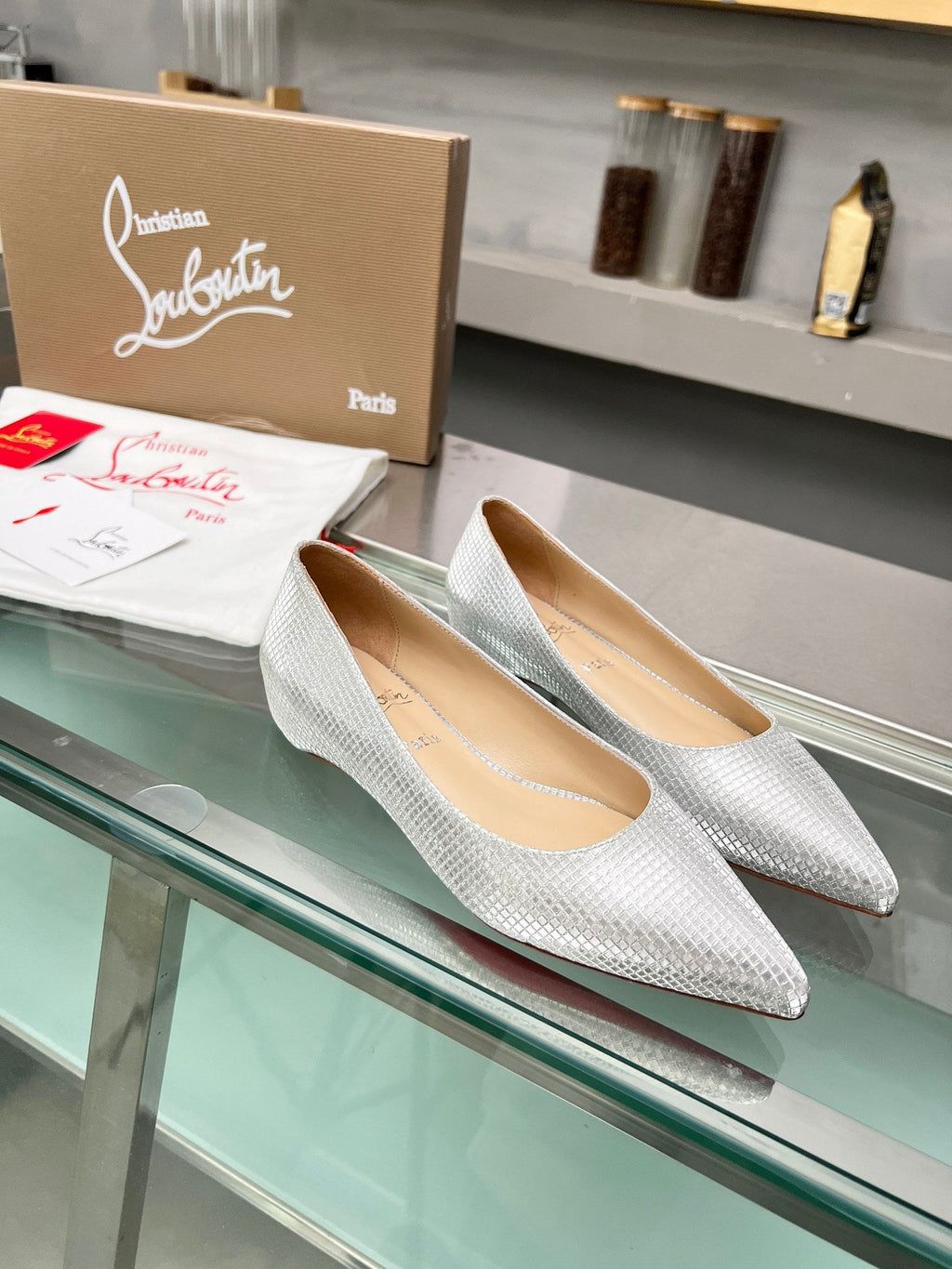 CL Kate Ballerina Flats Sequin Fabric Silver
