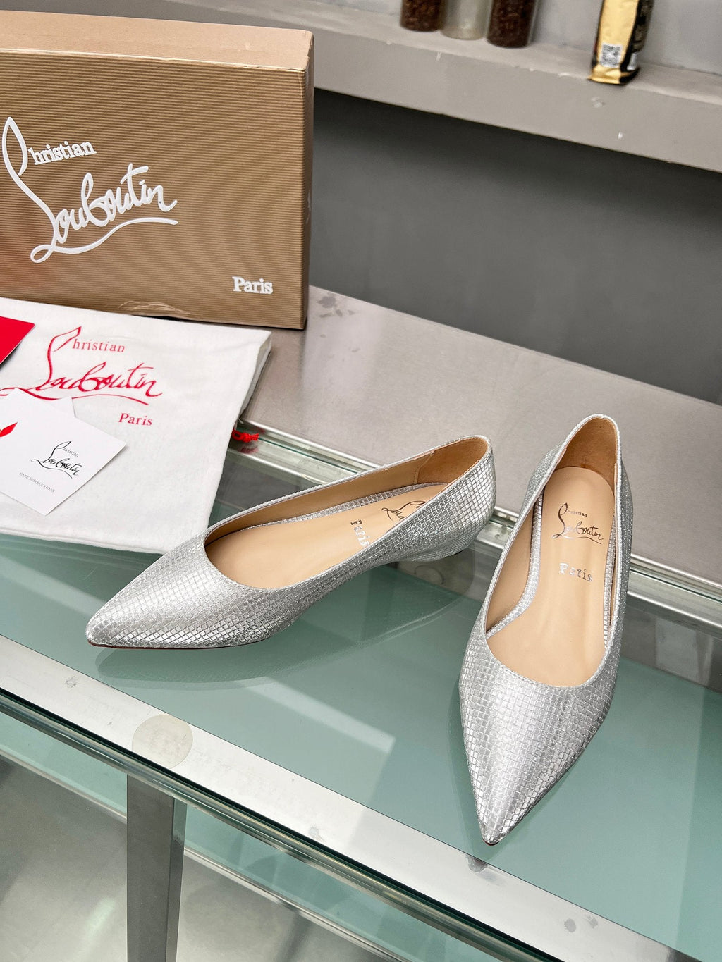 CL Kate Ballerina Flats Sequin Fabric Silver
