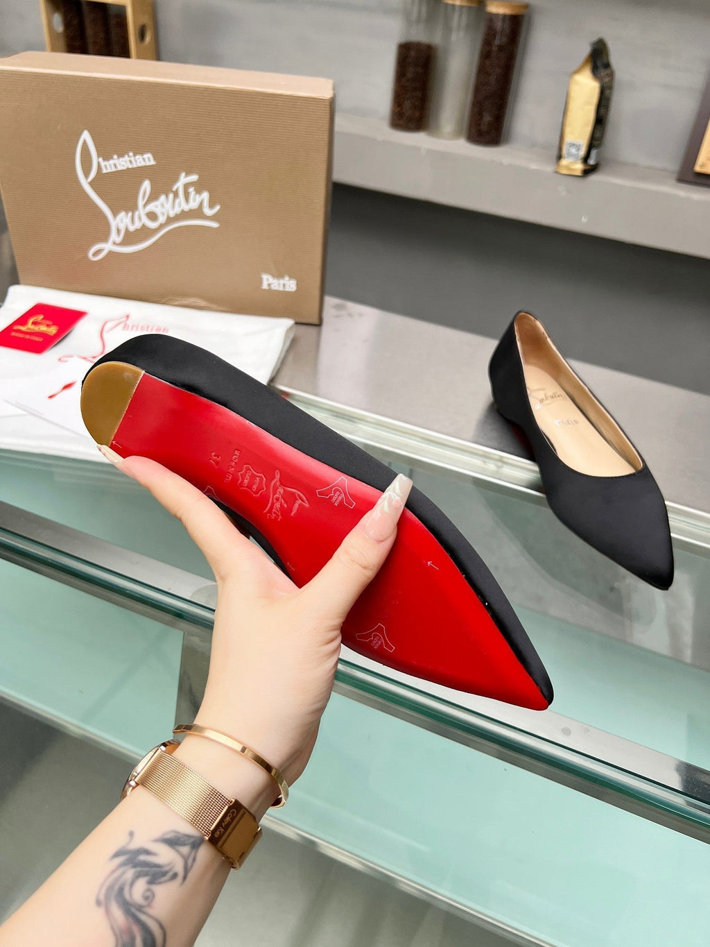 CL Kate Ballerina Flats Crepe Satin Black