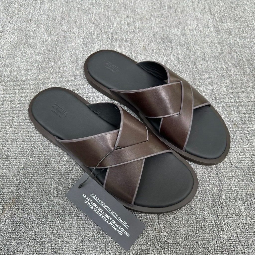 Zegna Men's Sandal Dark Brown Black Leather 144951