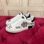 DC 24 Portofino Sneakers Black White Digital-Print Sheepskin & Crown Embroidery 100858