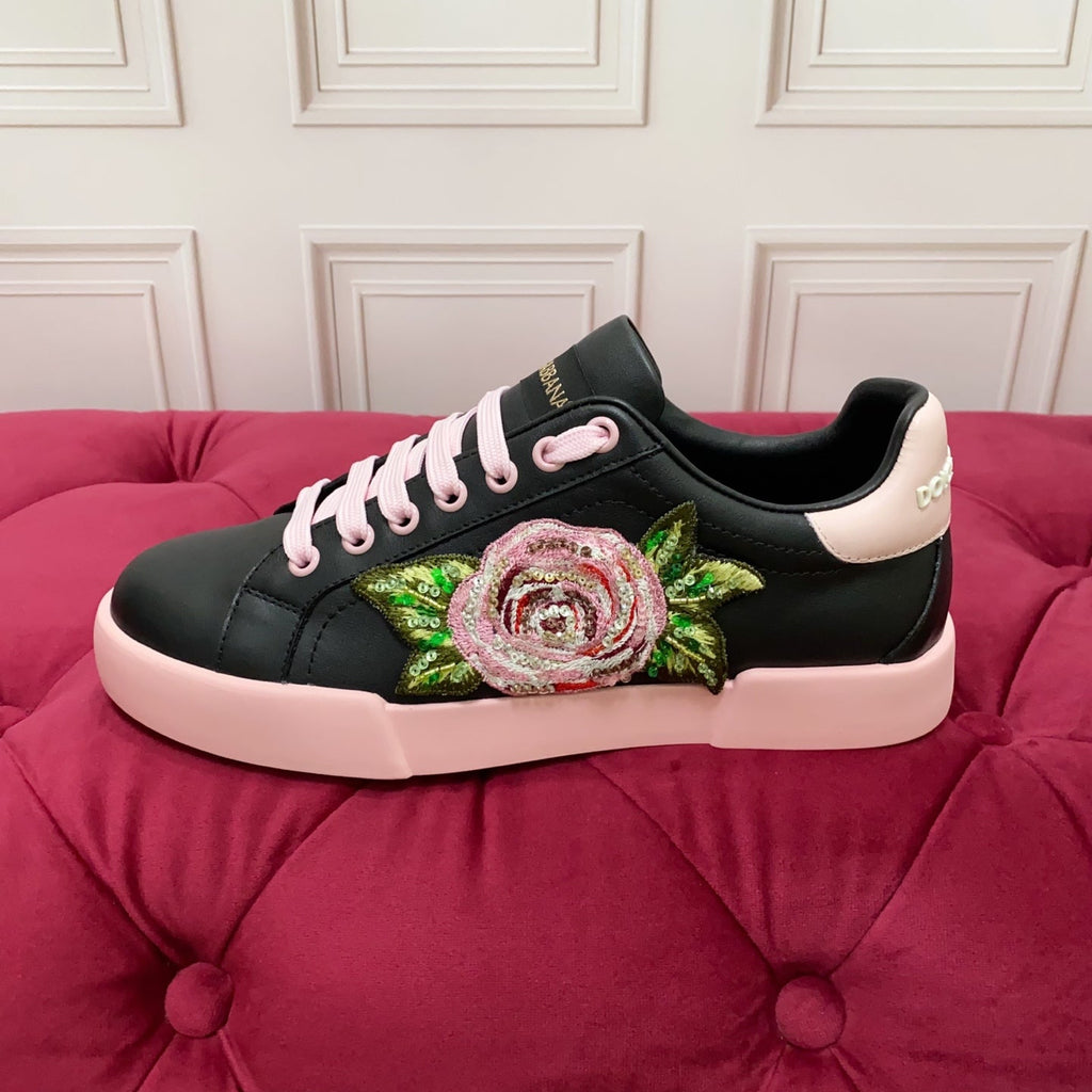 DC 25 Portofino Light Sneakers Black Pink Glitter Floral Pattern & Sheepskin 333870