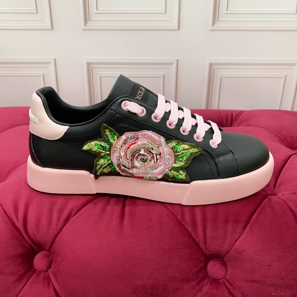 DC 25 Portofino Light Sneakers Black Pink Glitter Floral Pattern & Sheepskin 333870
