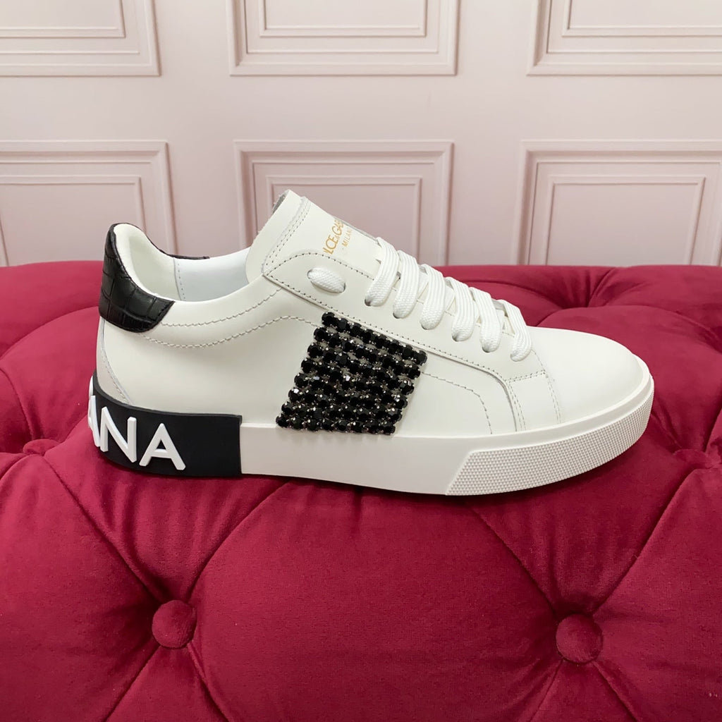 DC 25 Portofino   Sneakers Black White Cowhide & Rhinestone Silk 333876