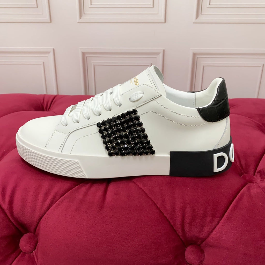 DC 25 Portofino   Sneakers Black White Cowhide & Rhinestone Silk 333876