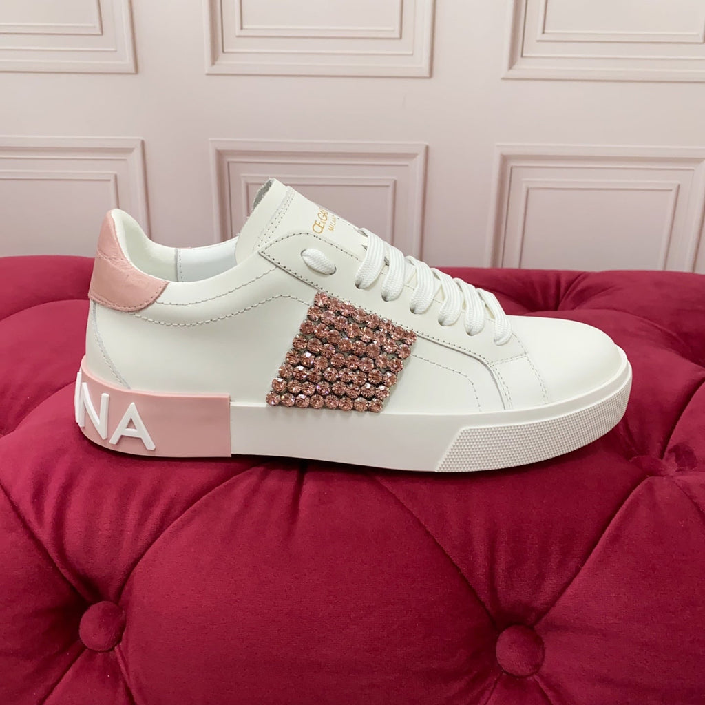 DC 25 Portofino   Sneakers Pink White Cowhide & Rhinestone Silk 333877
