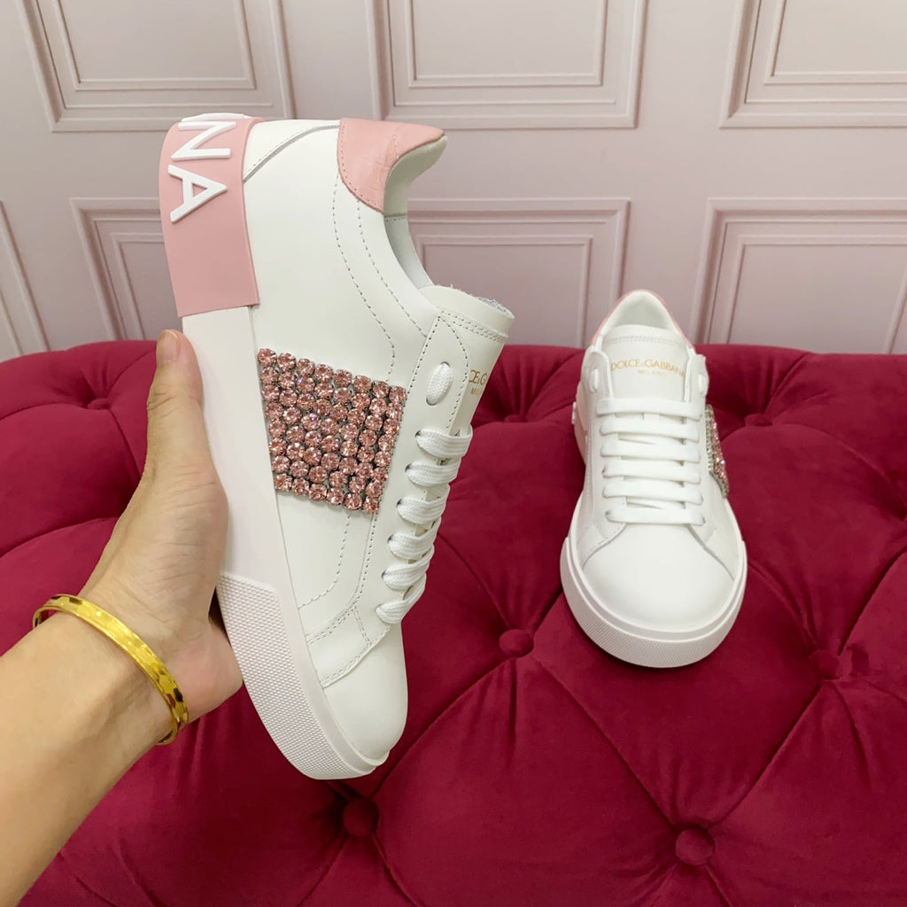 DC 25 Portofino   Sneakers Pink White Cowhide & Rhinestone Silk 333877