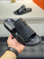 HM Oran H Noir Buckle Slippers in Black Cowhide 735238