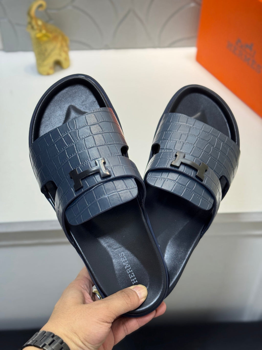 HM Oran H Noir Buckle Slippers in Navy Blue Cowhide 735240