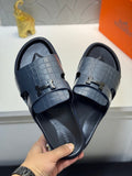 HM Oran H Noir Buckle Slippers in Navy Blue Cowhide 735240
