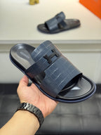 HM Oran H Noir Buckle Slippers in Navy Blue Cowhide 735240