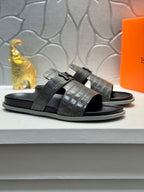 HM Oran H Noir Buckle Slippers in Gray Cowhide 735242