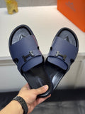 HM Oran H Black Buckle Slippers in Blue Cowhide 735247