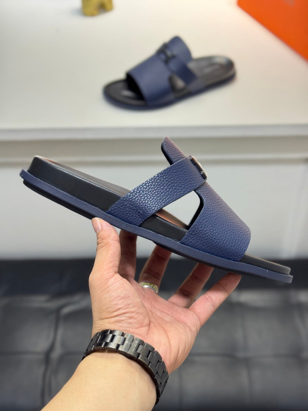 HM Oran H Black Buckle Slippers in Blue Cowhide 735247