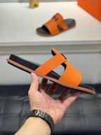 HM Oran H Black Buckle Slippers in Orange Cowhide 735250