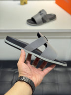 HM Oran H Black Buckle Slippers in Gray Cowhide 735249