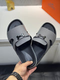 HM Oran H Black Buckle Slippers in Gray Cowhide 735249