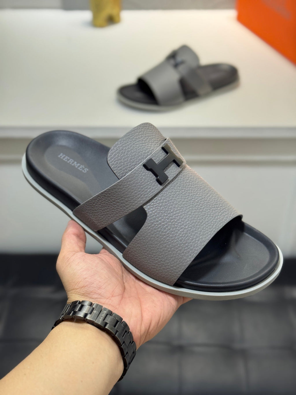 HM Oran H Black Buckle Slippers in Gray Cowhide 735249