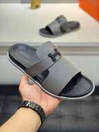 HM Oran H Black Buckle Slippers in Gray Cowhide 735249