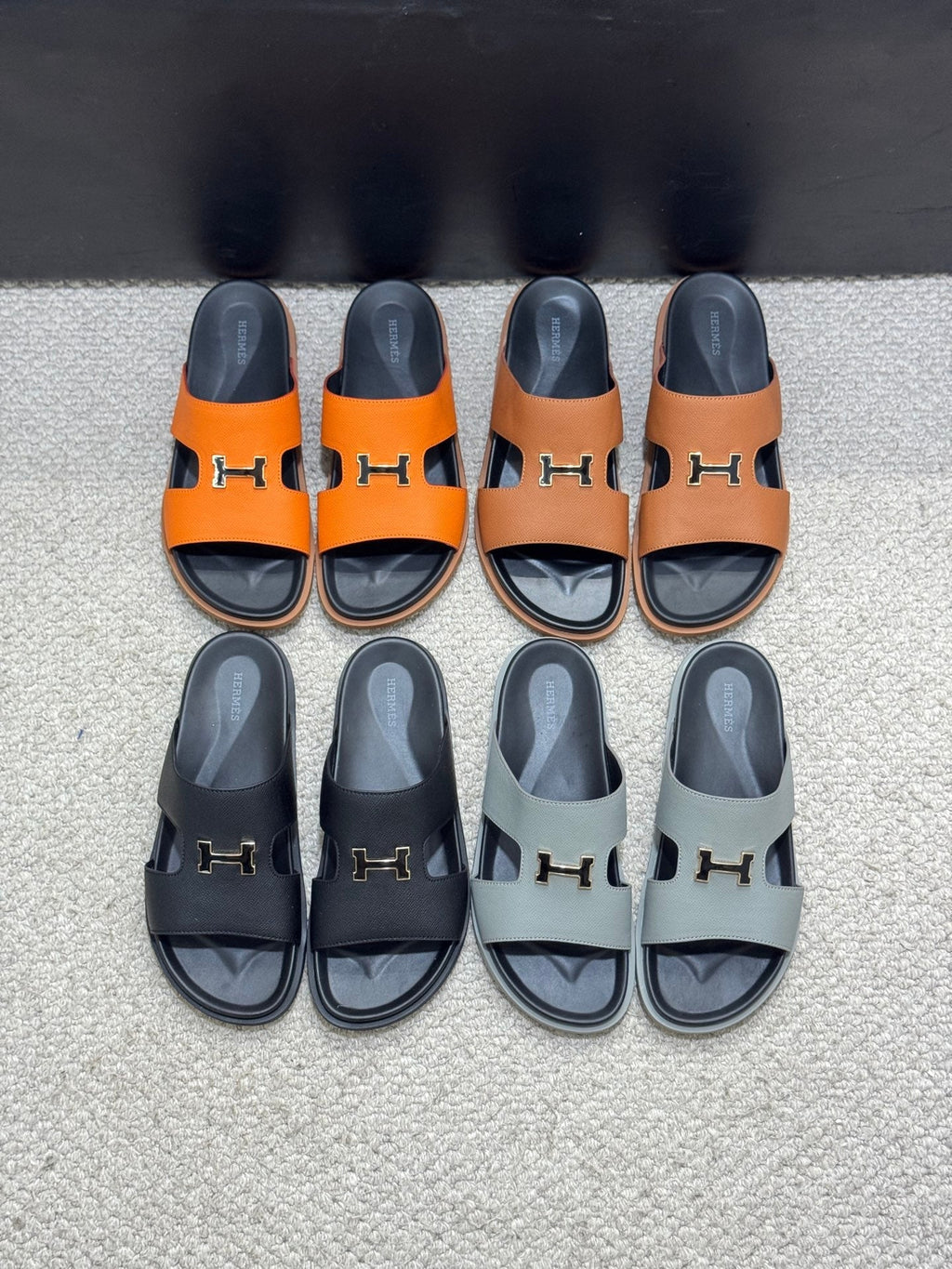 HM Oran H Black Gold Buckle Slippers in Light Gray Cowhide 735251