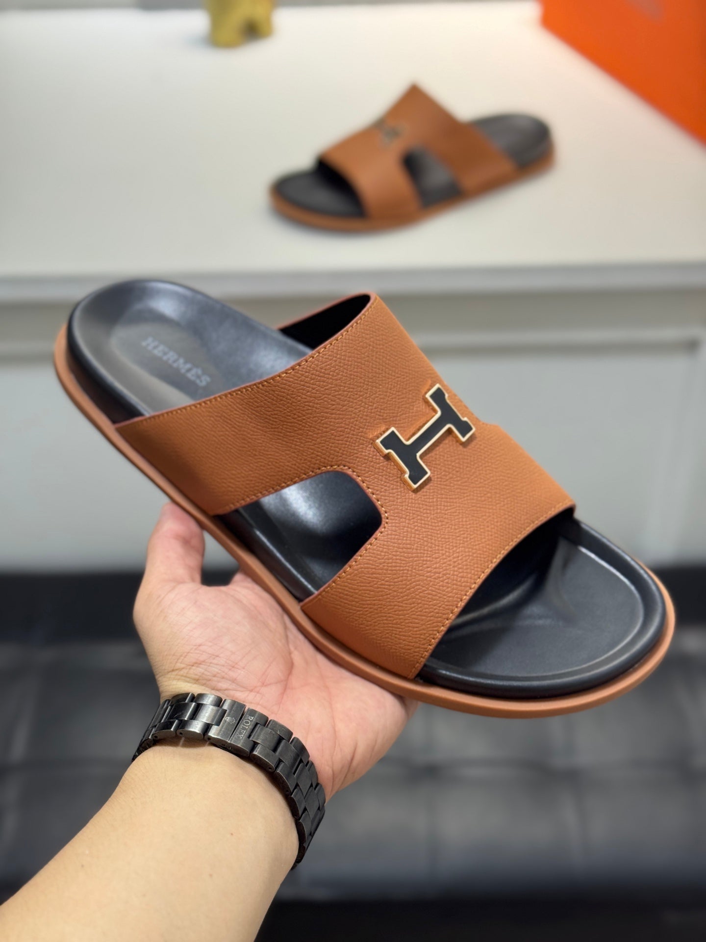 HM Oran H Black Gold Buckle Slippers in Brown Cowhide 735252